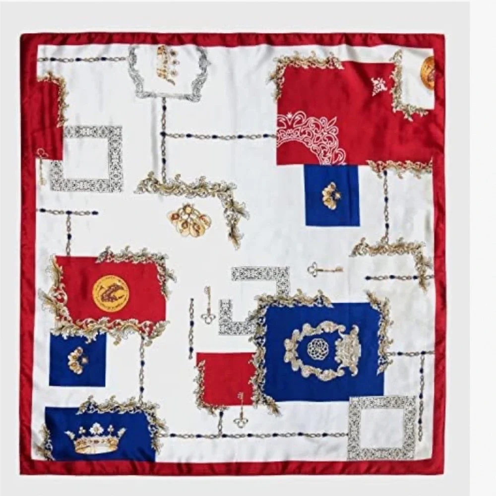 Vintage Style Square Silk Feel Scarf Red Navy Blue Gold Chain‎ Print 35x35